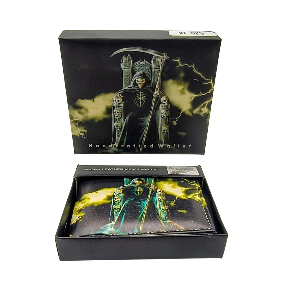Handcrafted Men’s Full‑Size Wallet – Vegan Leather, Grim Reaper Throne & Scythe